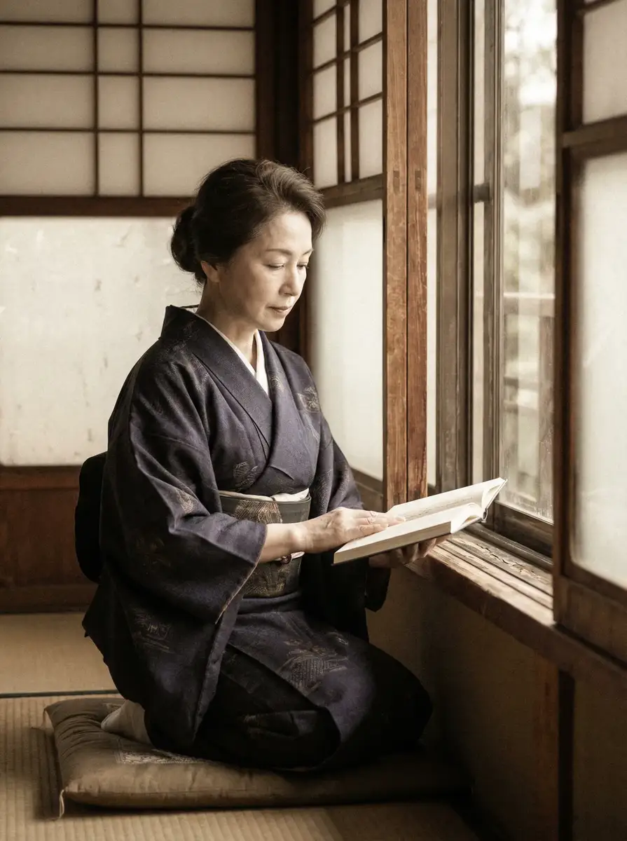一位优雅的五十岁 女神视频::女神视频自媒体交流社区 | 真实可靠女神视频高清播放 身穿深蓝色和服，在窗边静读